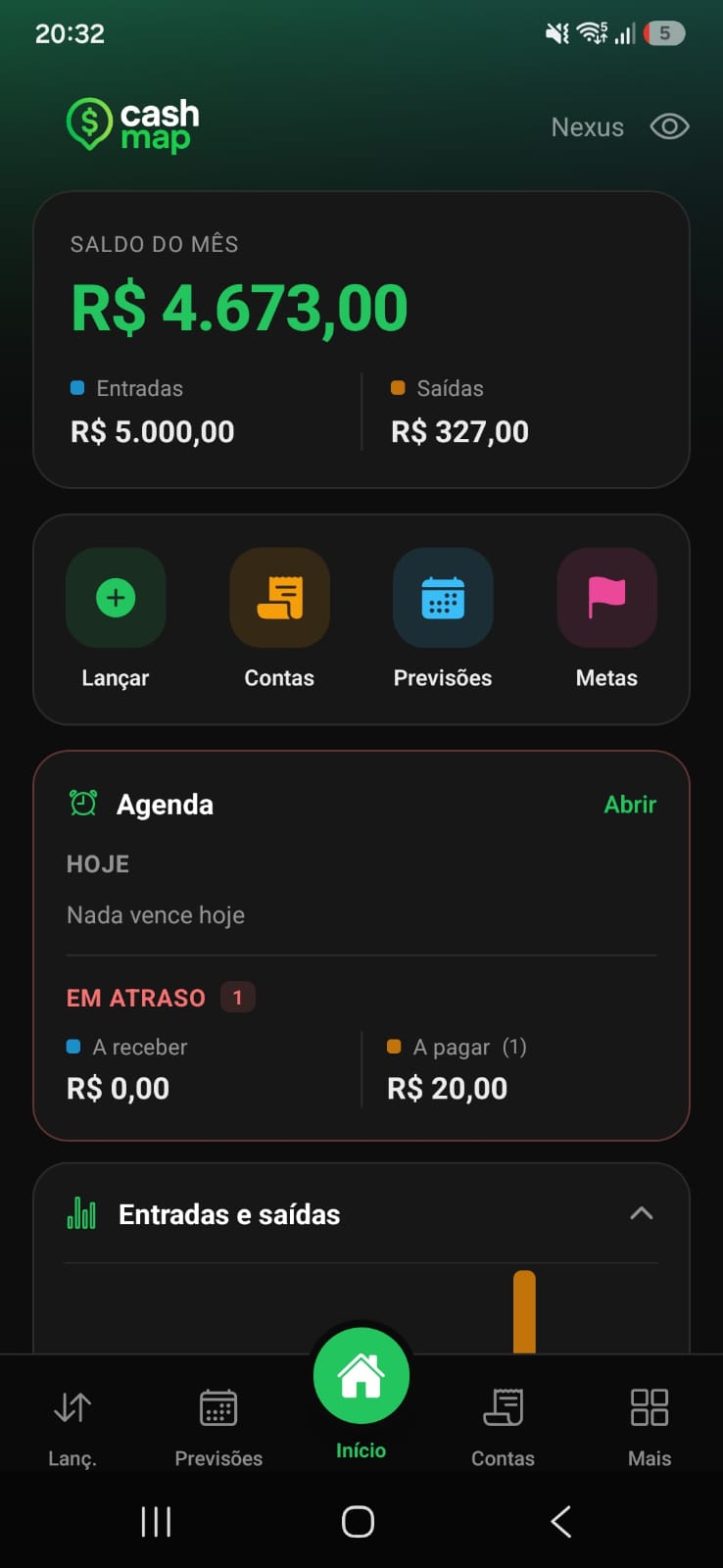 Tela inicial do app CashMap: saldo do mês, atalhos, agenda e gráfico de entradas e saídas